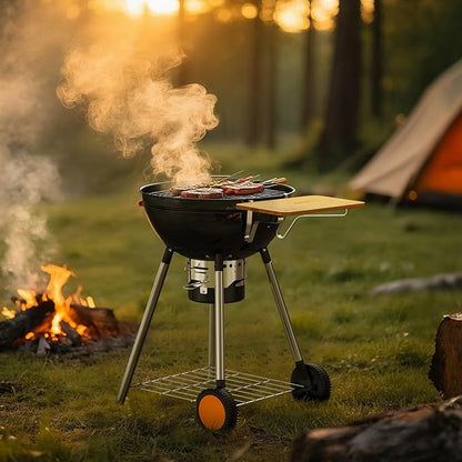KEYO GRILL 22.5-inch Kettle Charcoal Grills, Portable Charcoal Grill with Adjustable Vents, One Click Cleaning System, Walnut Side Table Outdoor BBQ Grill for Camping, Tailgating and Backyard