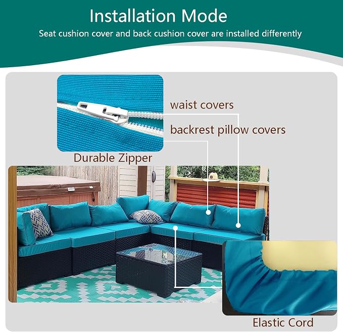 Outdoor Cushion Covers Replacement 14 Pcs, Teal | Patio Cushion Covers fit for 7Pieces 6-Seater Wicker Rattan Sectional Couch Sofa Outdoor Cushion Slipcovers Set