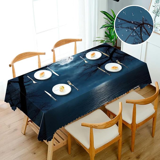 Swono Tablecloth Full Moon, Fantasy Forest Lake Full Moon Tree Branches Table Cloth for Kitchen Dining Tabletop Decoration Parties Weddings, 52 X 70 Inch Rectangle Tablecloth
