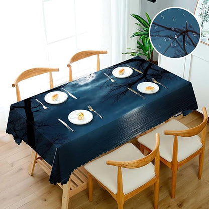 Swono Tablecloth Full Moon, Fantasy Forest Lake Full Moon Tree Branches Table Cloth for Kitchen Dining Tabletop Decoration Parties Weddings, 52 X 70 Inch Rectangle Tablecloth