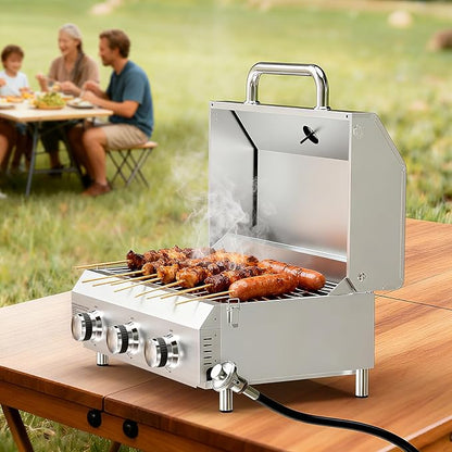 Bestfire 3-Burner Tabletop Propane Gas Grill with Dual Connections, 30,000 BTU Portable Propane Grill Fits Large Cylinders & Small Canisters, Stainless Steel Knobs, Compact Design for Camping, RV, BBQ