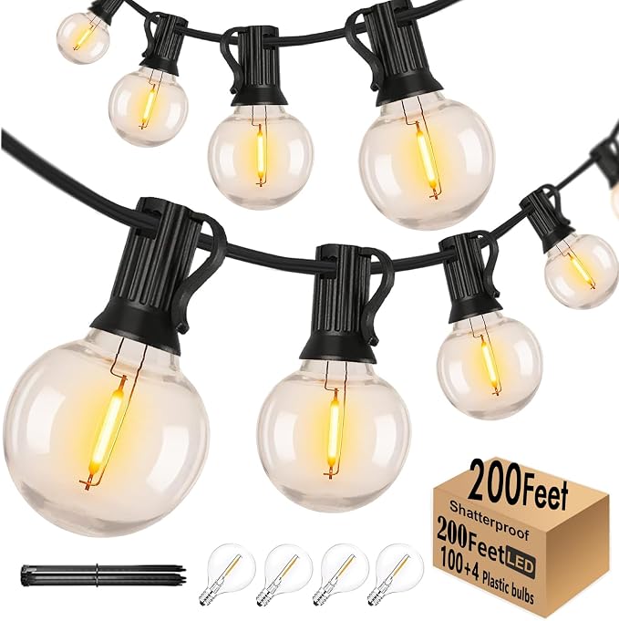 Outdoor String Lights Waterproof Patio Lights 200FT with 100+4 Shatterproof G40 LED Edison Outdoor String for Party Backyard Gazebo Pegola Cafe, 2Pack x 100ft