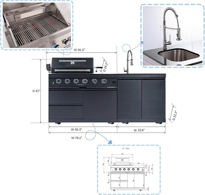 79" Natural Gas Modular Outdoor Kitchen Island with Side Burner, 4-Burner 72,000 BTU BBQ Island, Integrated Sink & Prep Countertop, Rotisserie, for Backyard and Patio Cooking, Black