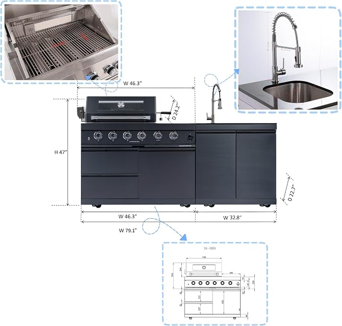 80-Inch Outdoor Kitchen Bar Island Grill with 4-Burner Gas, 72000 BTU Stainless Steel Gas Outdoor Grill Island Round Side Burner, Rotisserie Kit, Black Granite Countertops, Black