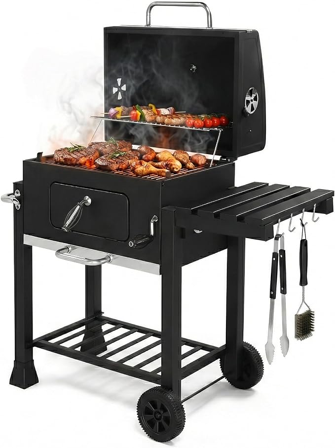 Heavy Duty Charcoal Grill BBQ Smoker with Height Adjustable Charcoal Pan, 45-Inch Barbecue Grill with Foldable Side Table, Warming Rack, Wheels & Bottle Opener for Outdoor Patio, Backyard, Black