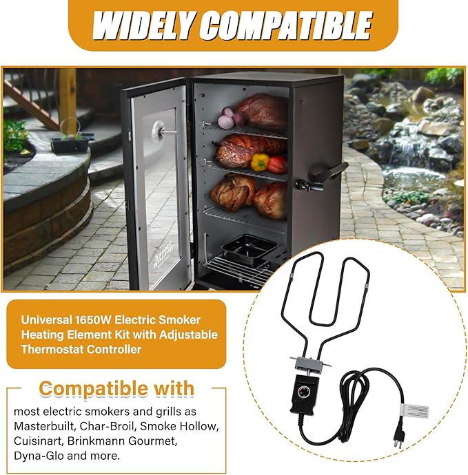 Upgrade 1650W Electric Smoker Heating Element with Adjustable Thermostat Controller, Universal Replacement Parts for Smoke Hollow, Charbroil, Dyna-Glo, Masterbuilt, Cuisinart etc Electric Smoker Grill