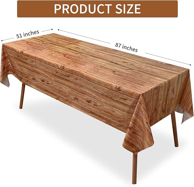 2 Pcs Wood Tablecloth Wood Grain Plastic Table Cover 87 x 51 Inches Brown Vintage Party Table Covers for Kitchen Dining Room, Barbecue Party Decorations