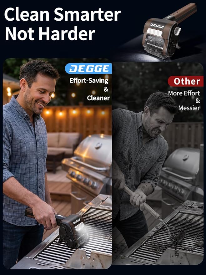 DEGGE Electric Grill Brush, Cordless BBQ Grill Cleaner with 4500mAh | Battery, 800RPM High-Torque Motor, Built-in LED Light, 304 Stainless Steel Roller Brush for Uncoated Gas & Charcoal Grills