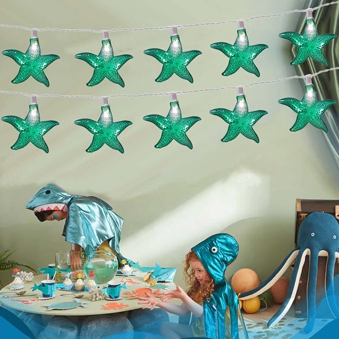 Ocean Themed Starfish String Lights 8.3Ft Marine Fairy String Lights 10 LED Green Starfish Lights, Waterproof Connectable Hanging Tropical Lights for Ocean Room Patio Garden Decor, Warm White