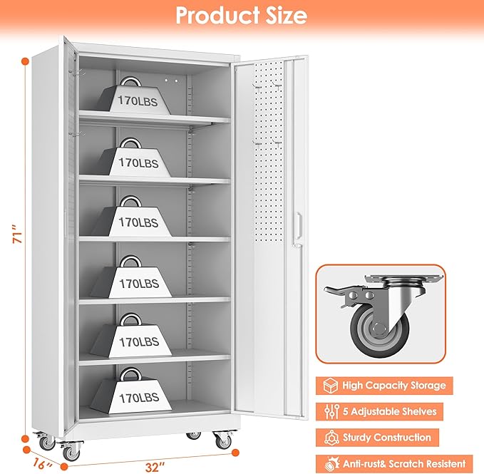Aobabo Metal Storage Cabinet with Wheels, Steel Locking Cabinet with Pegboard Doors, Garage Cabinet for Office Pantry, 5 Adjustable Shelves, 16" D x 32" W x 71" H,Required-Assembly,White