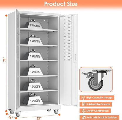 Aobabo Metal Storage Cabinet with Wheels, Steel Locking Cabinet with Pegboard Doors, Garage Cabinet for Office Pantry, 5 Adjustable Shelves, 16" D x 32" W x 71" H,Required-Assembly,White