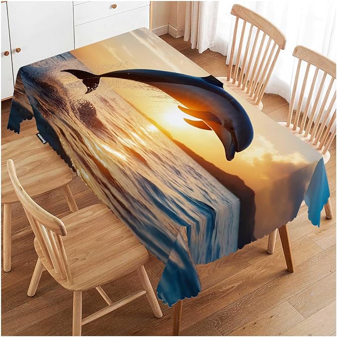 Swono Dolphin Rectangle Tablecloth Ocean Animal Dolphin Jumping Sunset Table Cloth Dining Table Cover for Home Kitchen Restaurant Party Buffet Picnic, 52x70 Inch