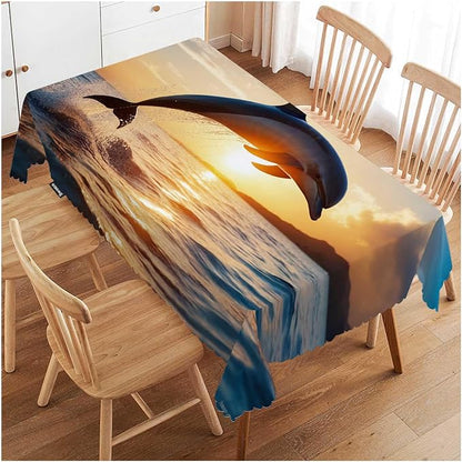 Swono Dolphin Rectangle Tablecloth Ocean Animal Dolphin Jumping Sunset Table Cloth Dining Table Cover for Home Kitchen Restaurant Party Buffet Picnic, 52x70 Inch