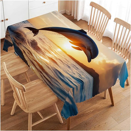 Swono Dolphin Rectangle Tablecloth Ocean Animal Dolphin Jumping Sunset Table Cloth Dining Table Cover for Home Kitchen Restaurant Party Buffet Picnic, 52x70 Inch