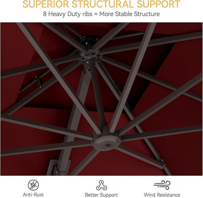 10x10 FT Patio Umbrella with Base, Large Cantilever Double Top Heavy Duty Offset Umbrellas with 360° Rotation, Outdoor shade for Garden Deck Pool, Red