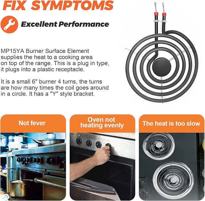 【Upgraded】660532 MP15YA Electric Range Burner Element 6 inch 1500W 4 Turns surface element fit for Whirlpool Kenmore ranges replacement burners wfc310s0ak, rf110axsq3, kf330add1,ffef3011lwd,etc.
