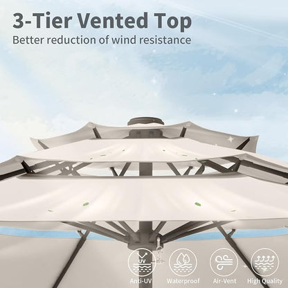 9FT 3 Tiers Patio Umbrella With Auto Tilt And Crank, Outdoor Table Market Umbrella with 8 Sturdy Ribs for Garden, Lawn, Deck, Backyard and Pool
