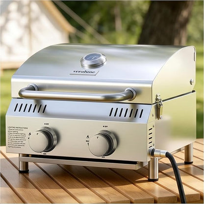 Veralune Tabletop Gas Grill, Small Propane Grill, Portable 2 Burner Gas Grill, Locking Lid, 20,000 BTUs, Built-in Thermometer, Stainless Steel