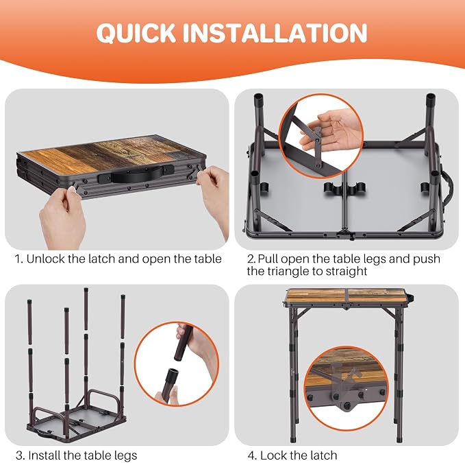 FUNYKICH 2ft Folding Camping Table 22.8''x15.7''x27.5'',3 Height Adjustable | Lightweight Aluminum Outdoor Small Tables with Carry Handle for Car Camping, Backpacking, Picnic, BBQ, Brown