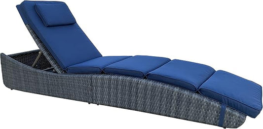 BTEXPERT Outdoor Chaise Lounges Pool Cushioned Chair Wicker Patio Rattan Poolside Folding Space Saving Sun Lounger Adjustable Backrest Couch Reclining Fully Assembled Blue One Piece