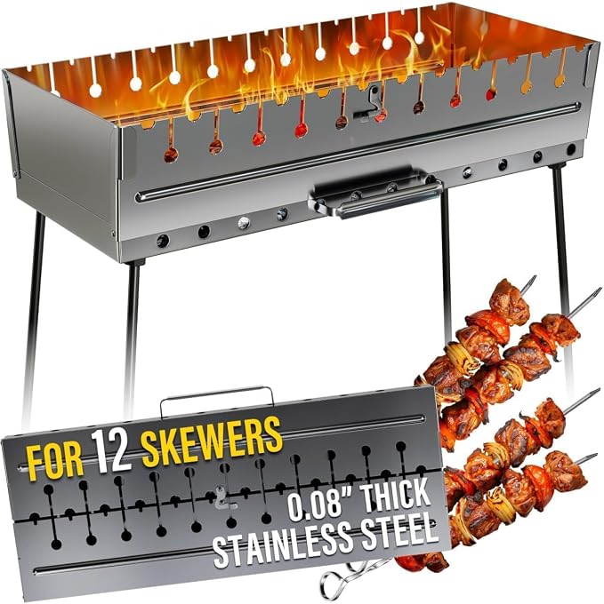Stainless Steel Charcoal Grill, Portable Foldable Kabob Mangal, Heavy-Duty Rustproof BBQ, 24.80x9.45x25.2 Inch, for Outdoor Use, 12 Skewer Capacity, (Skewers Not Included)