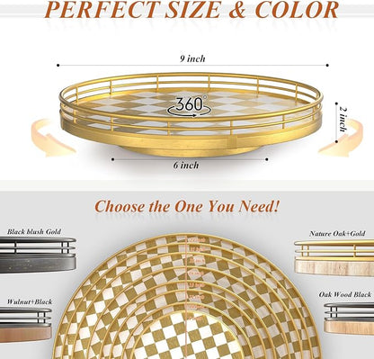 9-Inch Gold Lazy Susan Spice Organizer with Guard Rail | Smooth rotating oak tray with walnut finish for dining tables, kitchen counters, pantries and cabinet storage.