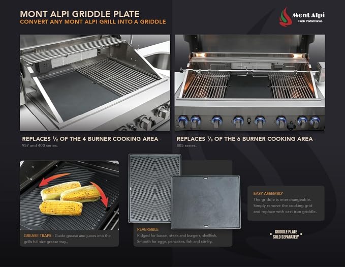 Mont Alpi Premium Black Stainless Steel Outdoor Kitchen Island 44"W 6-Burner Built-in BBQ Grill Head Set with Compact Glass Door Refrigerator + Charcoal Tray and Dual Sided Griddle Plate Combo Bundle