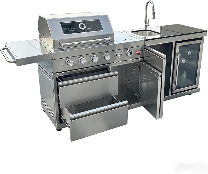 84" Stainless Steel Outdoor Kitchen BBQ Island Grill with LPG Silver | 6-Burner 75300 BTU Propane Gas BBQ Grill with Sink, Wine Cooler, Refrigerator, Granite Countertops & Rotisserie Kit