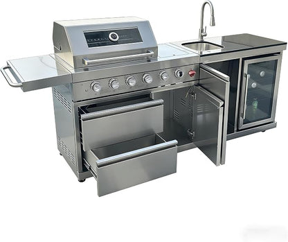 84" Stainless Steel Outdoor Kitchen BBQ Island Grill with LPG Silver | 6-Burner 75300 BTU Propane Gas BBQ Grill with Sink, Wine Cooler, Refrigerator, Granite Countertops & Rotisserie Kit