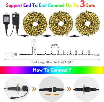 MZD8391 105FT 300LED Christmas Light, Christmas Tree Lights with Music | Warm White, Motion Sensor, Play 4 Christmas Songs, Waterproof, UL Listed, 6 Light Modes, End To End Connect, Outdoor Indoor