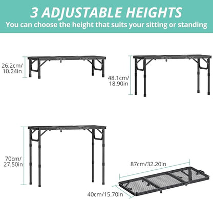 VINTEAM Folding Grill Table with Mesh Top, 3 Adjustable Heights, Lightweight Portable Camping Table, Black Aluminum Alloy BBQ Picnic Table for Outdoor Cooking, Tailgating, Beach, RV & Backyard