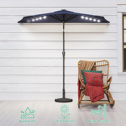 Helios&Hestia 9 ft Small Half Round Solar Powered Wall Outdoor Market Patio Umbrella with LED Lights and Tilt for Garden, Deck, Balcony