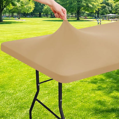Moosfor Spandex 6 Foot Rectangle Table Cloth, Elastic Fitted Tablecloths for Picnic, Stretch Washable Patio Table Cover for Outdoor, Camping, Banquet and Parties (Dark Khaki, 30"x72")