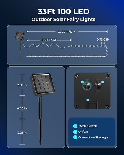 Solar String Lights for Outside, 33Ft 100 LED Fairy Lights Blue ＆ white | IP65 Waterproof Solar Twinkle Lights Outdoor & Indoor, Patio Lights for Tree Garden Christmas Party Wedding Decoration
