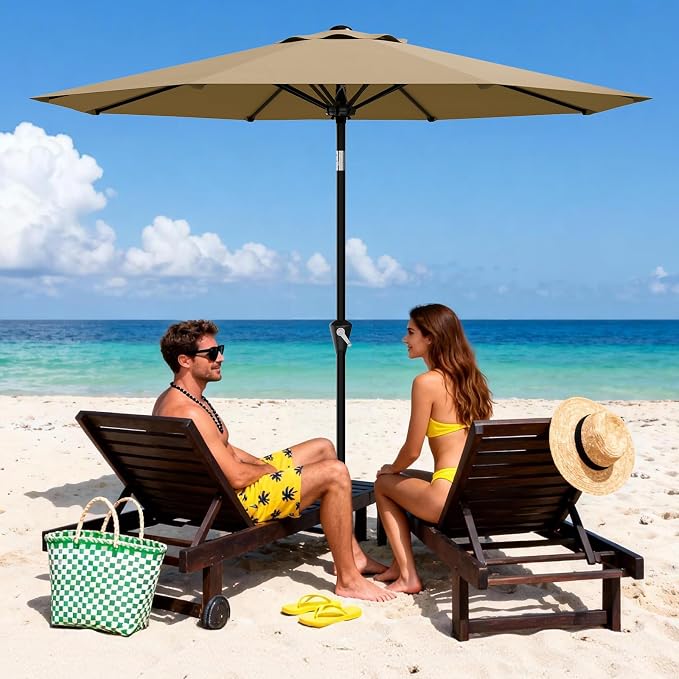 GarveeLife 10FT Umbrella Outdoor Patio, Pool Umbrella with Push Button Tilt and Crank, 8 Sturdy Ribs Waterproof UV Protection for Garden, Table, Backyard, Market | Table Umbrella Waterproof UV Protection for Garden, Pool, Deck, Backyard, Market ((Khaki)