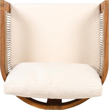 Christopher Knight Home Dora Set of 2 Patio Club Chair with Cushions, Acacia Wood Lounge Chair Outdoor, Woven Accents, Curved Design Side Chair for Balcony Backyard Garden Poolside, Beige + Teak