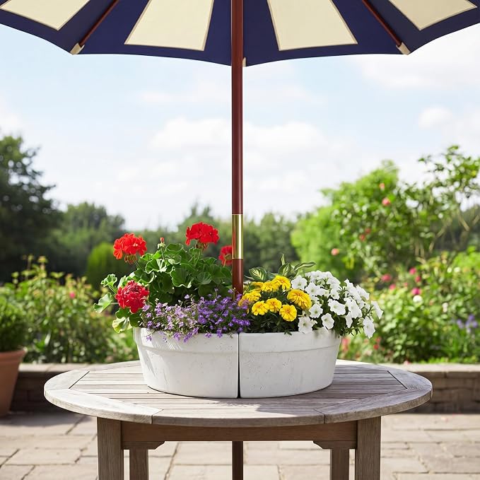 1 Set Patio Umbrella Planter Rustic 2 Pcs Half Round Planter 12" Cement Planters Half Circle Flower Pot for Patio Table Garden Home Plant Outdoor(White,Country Style)