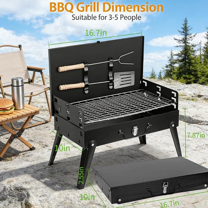 Mini Portable Charcoal Grill, Foldable Camping Mini Grill for Outdoor Cooking, Compact Design Barbecue Accessories with Barbecue Tools, Perfect for Beach, Backyard, Picnics