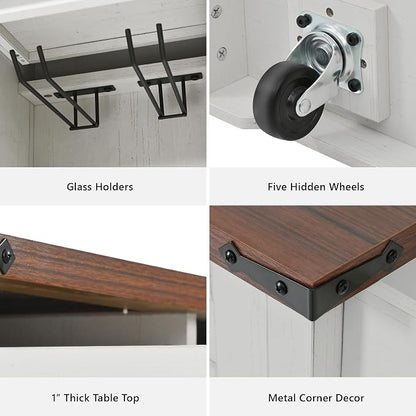 Merax Farmhouse 58" Kitchen Island on 5 Wheels with Drop Leaf Table, White | Wood Kitchen Rolling Cart with Power Outlet & Glass Holders, Spice Rack & Sliding Barn Door, 3 Drawers & Cabinet