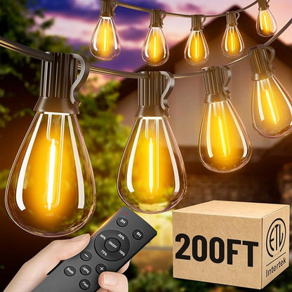 200FT Outdoor String Lights with Remote, Waterproof Patio Lights with 72+2 Shatterproof LED Bulbs,Dimmable Hanging Decor for Backyard Garden Porch Bistro, Timer & 3 Modes,2200K Warm White