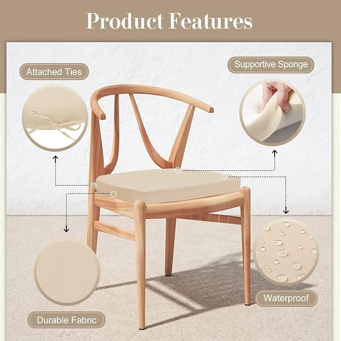 Cozyide Outdoor Chair Cushions, Waterproof Patio Seat Cushions with Adjustable Straps, Round Corner Patio Chair Cushions for Garden, Beige, 17x16x2 Inch (Pack of 2)