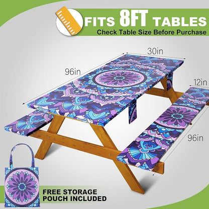 Wrakus Picnic Table Cover with Bench Covers Vinyl Elastic Edges Fitted Rectangle Tables Seat Waterproof 3-Piece 96X30in Set Outdoor Rectangular Folding Backing Tablecloth Camping Over Size Mandala