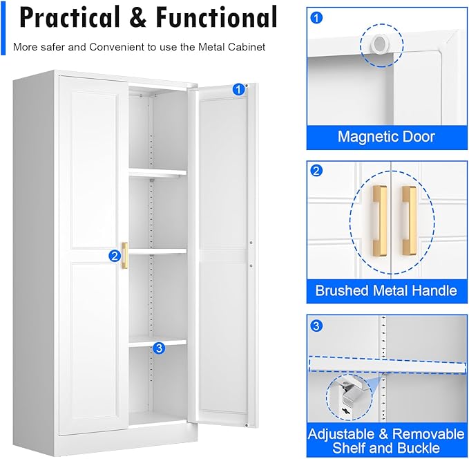 Polup Kitchen Pantry Cabinet, 60 Inch Tall Pantry Storage Cabinet with Doors and Adjustable Shelves, Metal Storage Cabinet with Golden Handles for Dining, Living Room, Assembly Required, White