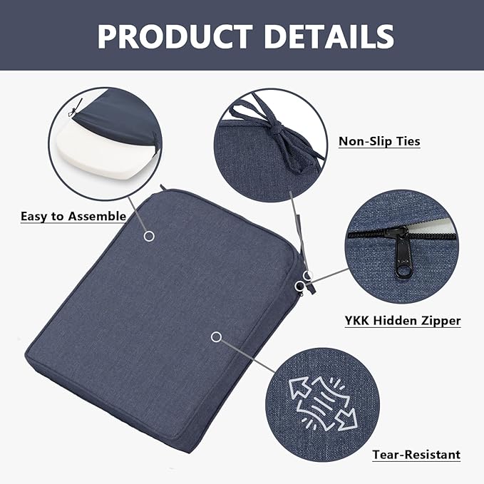 Goodgoods 19.5 x 20 Outdoor Chair Cushions Set of 4, Fade-Resistant & Water-Resistant Patio Seat Cushion Pads with Ties, 30D High-Resilience Foam for Dining Room Kitchen Chairs, Sky