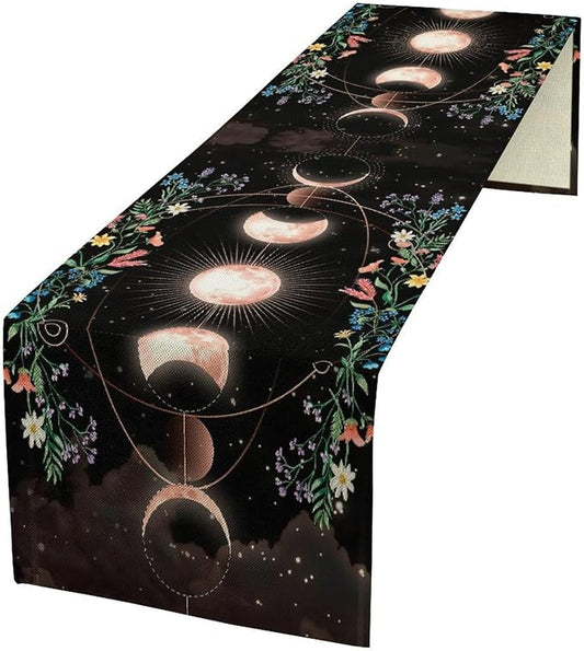 Kitchen Floral Moon Phase Table Runner for Kitchen Dining Thanksgiving Christmas Baby Wedding Party Decoration Table Decor 13x36 Inch