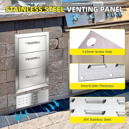 Outdoor Kitchen Drawers 15" W x 25" H x 18.7" D Stainless Steel Flush Mount Modular Cabinet, with Chrome Handle for Outdoor Kitchens or BBQ Island Patio Grill Station