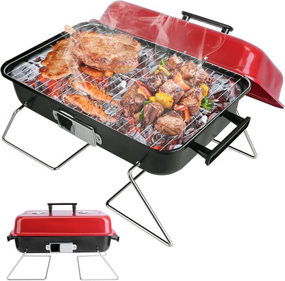 Portable BBQ Grill, Foldable Charcoal Grill Lightweight Smoker Grill for Outdoor Cooking Camping Hiking Picnics Tailgating Backpacking Party (Mini grill with lid(20x11x12"))