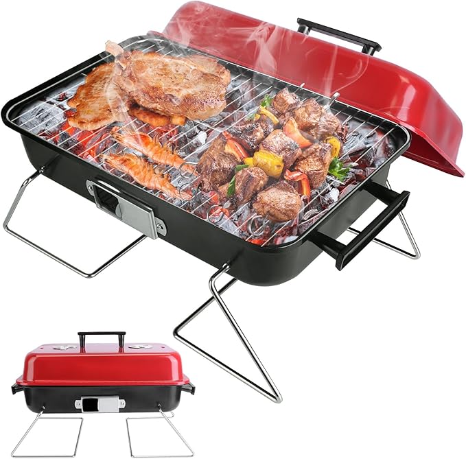 Small Charcoal Grill, Portable Tabletop Grill Barbecue Smoker Folding Mini BBQ Grill with Lid for Camping Picnics Beach Outdoor, Red
