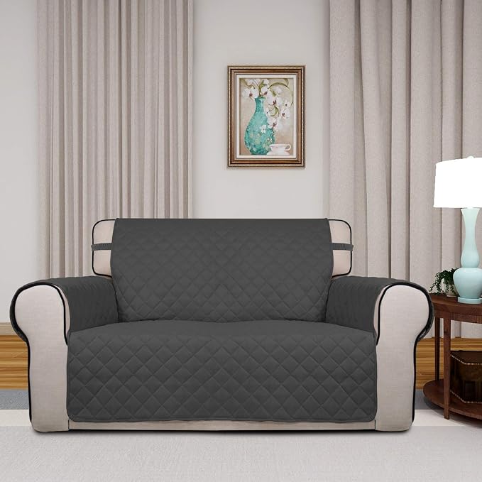 PureFit Reversible Quilted Couch Covers for Dogs Loveseat Sofa Cover 46.5” | Dark Gray/Beige, Water Resistant Couch Protector, Washable Pet Couch Cover with Non Slip and Elastic Straps For Kids