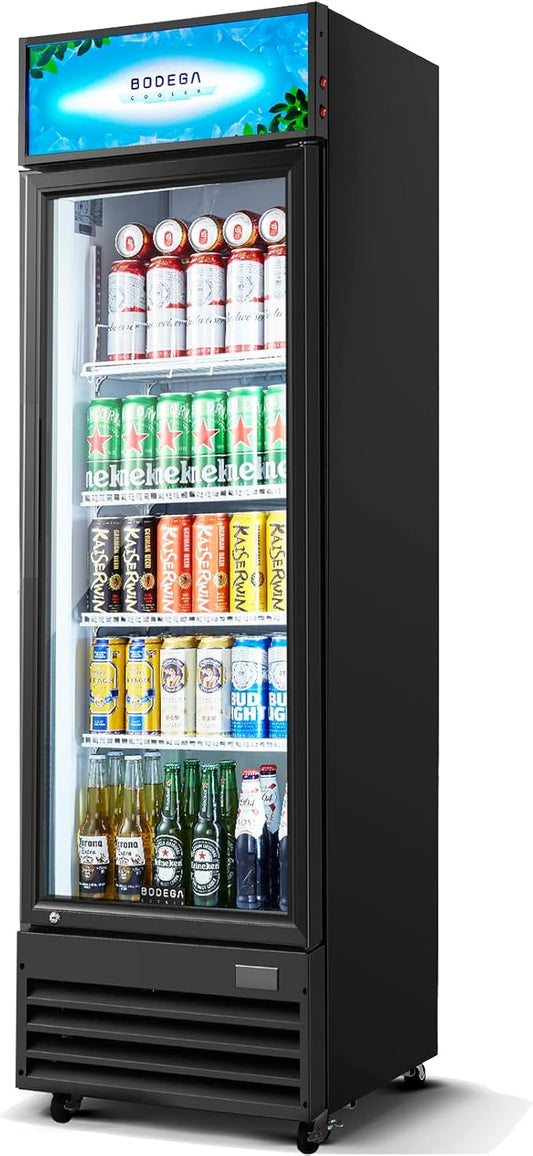 BODEGA COOLER 9 Cu. Ft Commercial Merchandiser Refrigerator with Glass Door & LED Light | Energy-Saving Beverage Display refrigerator, 32°F-50°F Temp, 4 Adjustable Shelves, Lock for Office/Bar/Kitchen